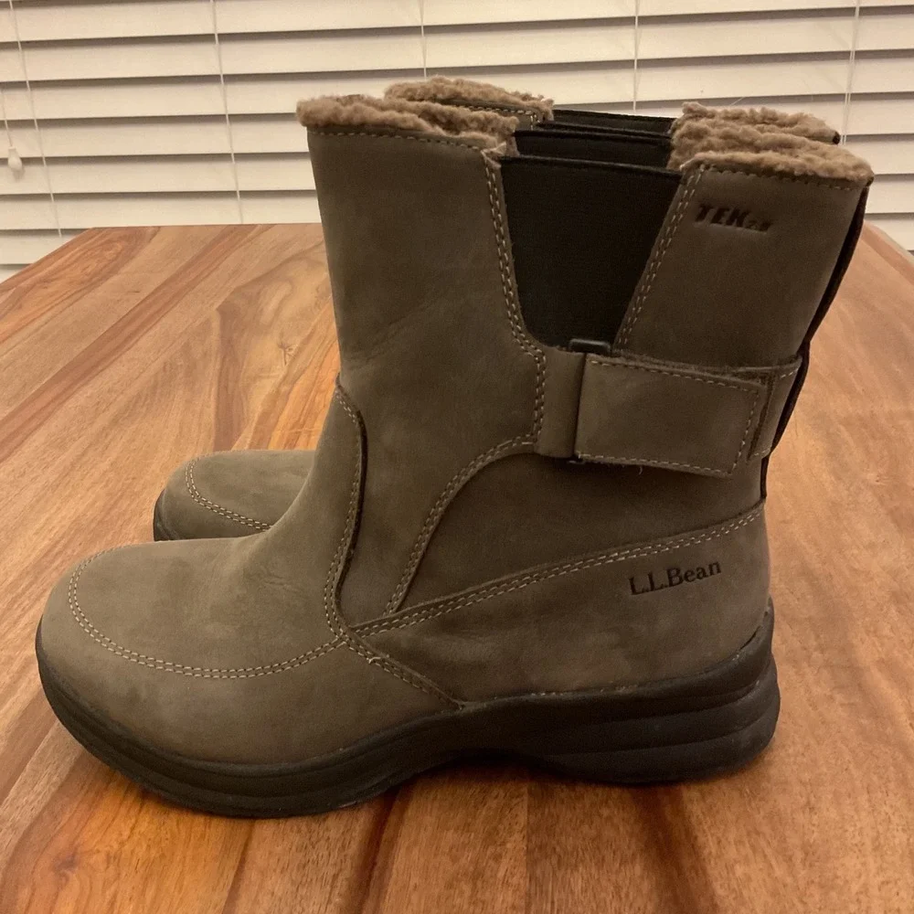 LL Bean TEK2.5 Waterproof Ankle Boots Womens 8 Medium Olive Green Faux Fur